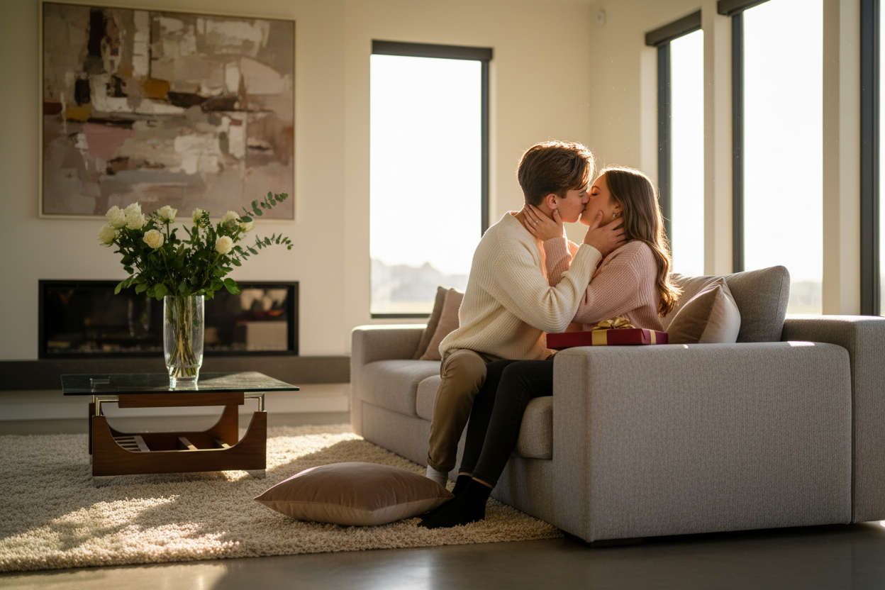 Couple s'embrassant avec coffret